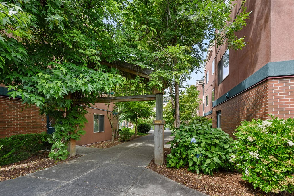 Courtyard walkway at Woodrose Apartments in Bellingham WA
