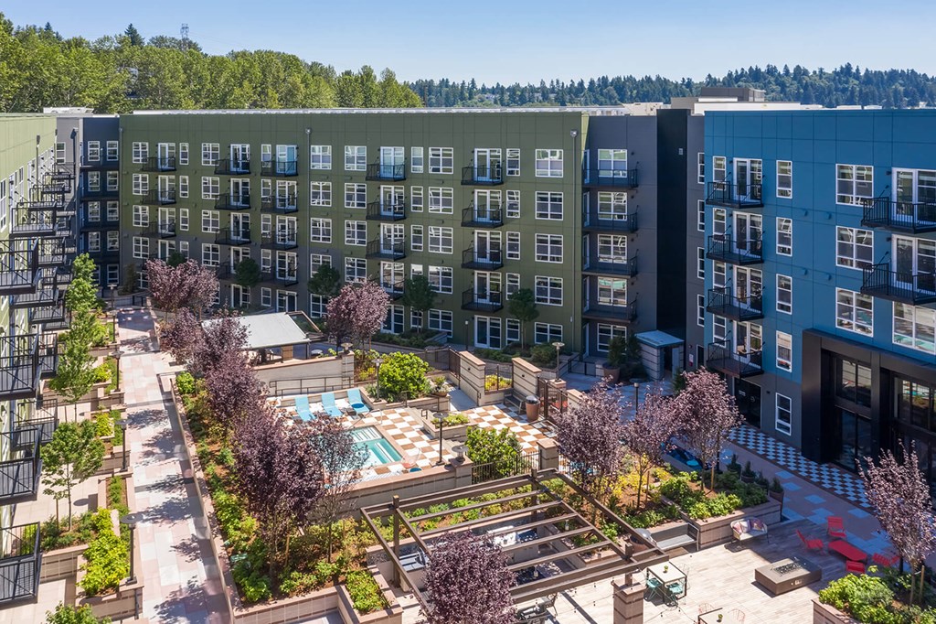 Courtyard Aerial at North at Totem Lake Apartments in Kirkland WA