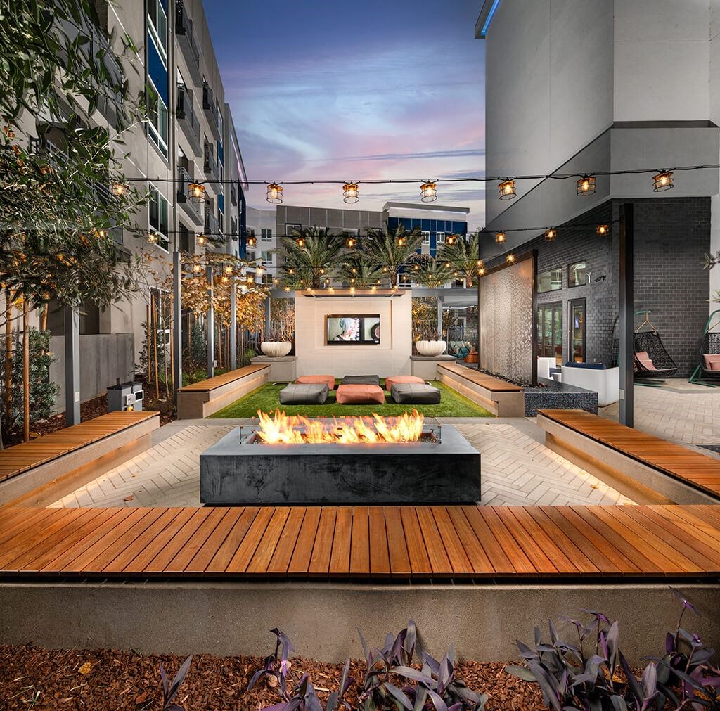 Courtyard Recess Fire Table Lounge Sunset at Chroma Apartment Homes in Canoga Park CA