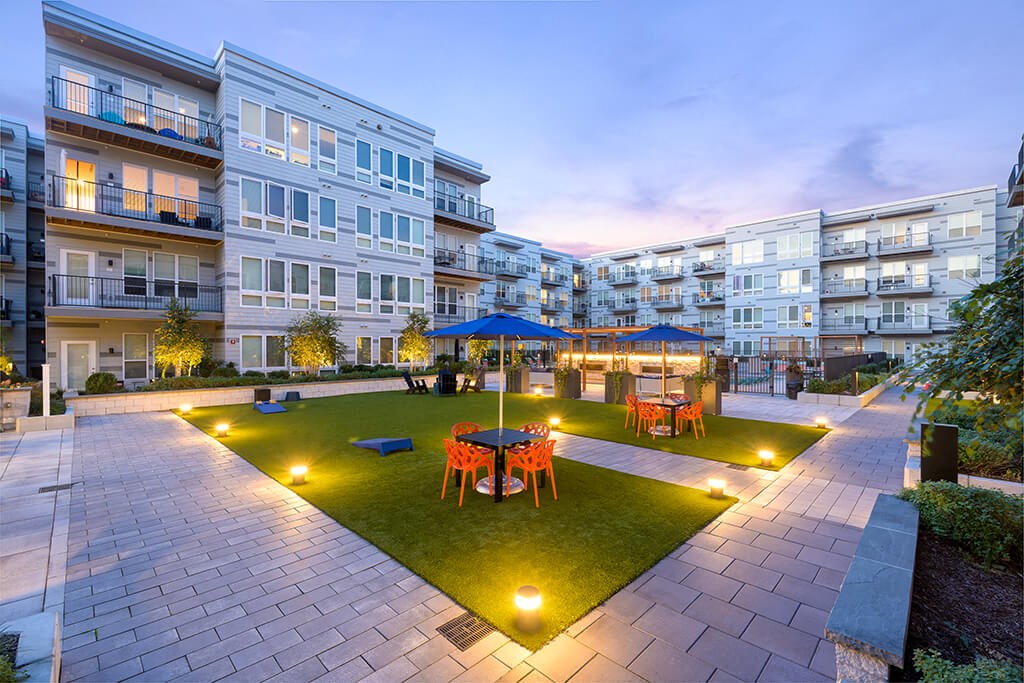 Courtyard at Dusk at Vero Apartments in Chelsea MA