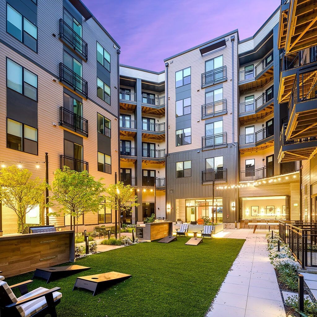 Courtyard at dusk at 333 Ellington Apartments in Gaithersburg MD