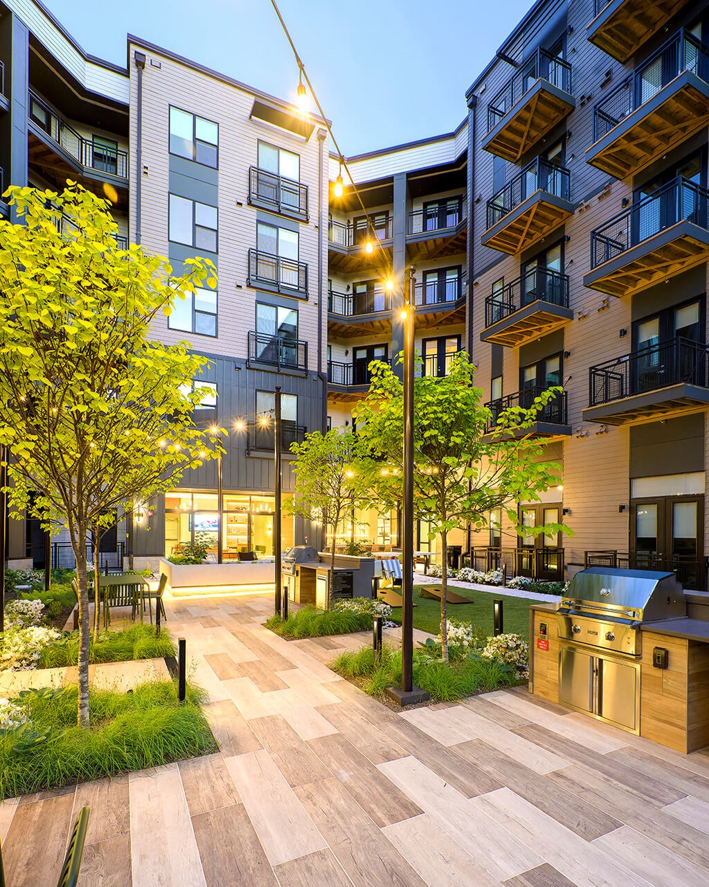 Courtyard at dusk at 333 Ellington Apartments in Gaithersburg MD