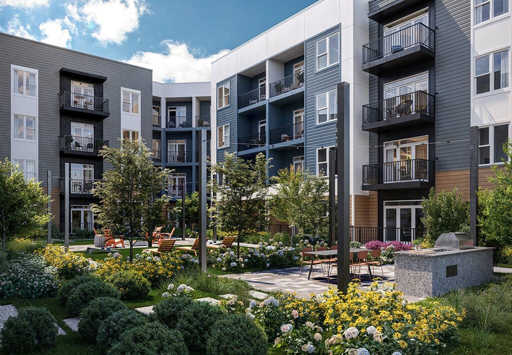 Courtyard landscaping at Station 316 Apartments in Woburn MA
