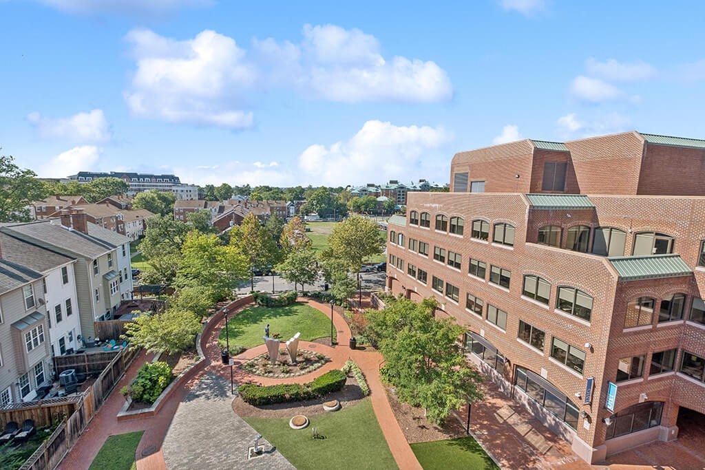 a view of the courtyard from the top of a building