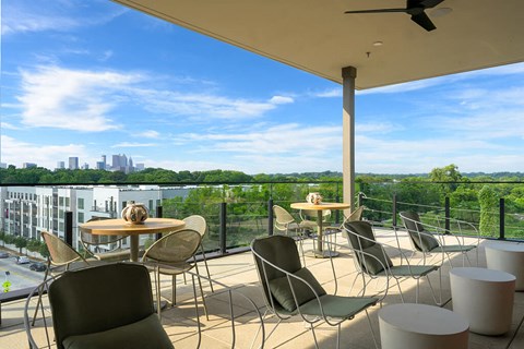 Covered patio with city views at Verge Apartments in Atlanta, GA