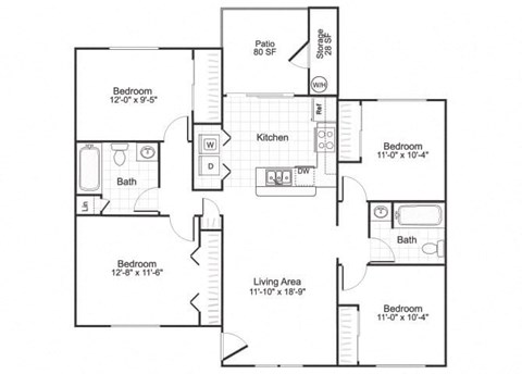 four bedroom floor plan at paradise oaks apartments