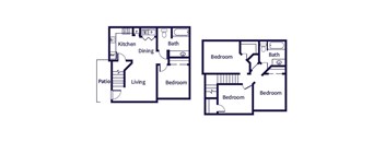 A floor plan of a house with a kitchen, dining room, living room, and bathrooms.