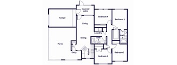 A floor plan of a house with a living room, dining room, kitchen, four bedrooms, a garage, a covered patio, a laundry room, and a bathroom.