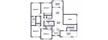 A floor plan of a house with a living room, dining room, kitchen, and four bedrooms.