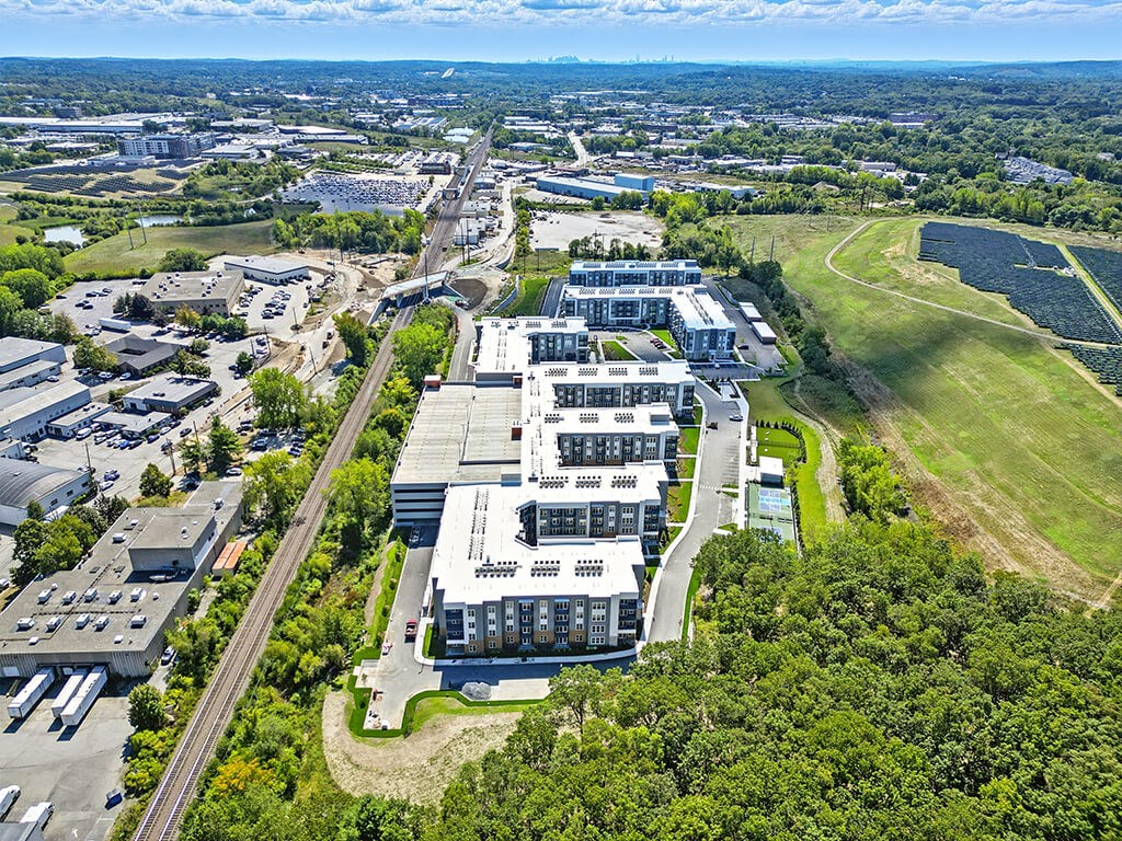 Drone view of skyline at Station 316 Apartments in Woburn MA