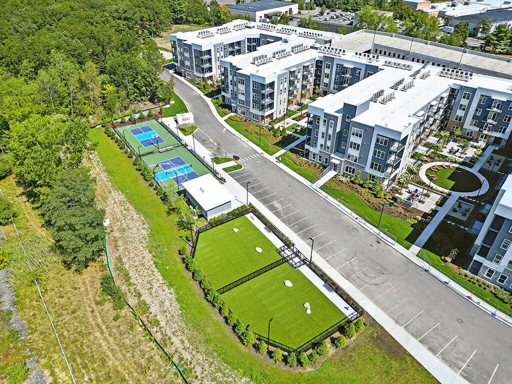 Drone view of sports at Station 316 Apartments in Woburn MA