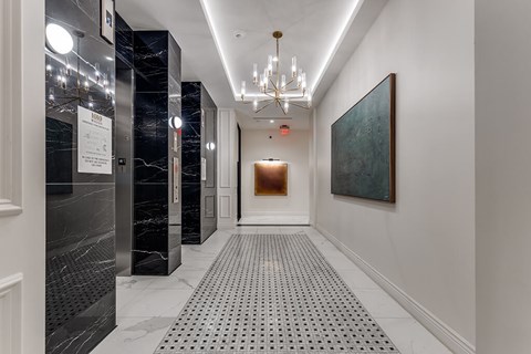 Elevator lobby at 1010 Waugh Apartments in Houston TX