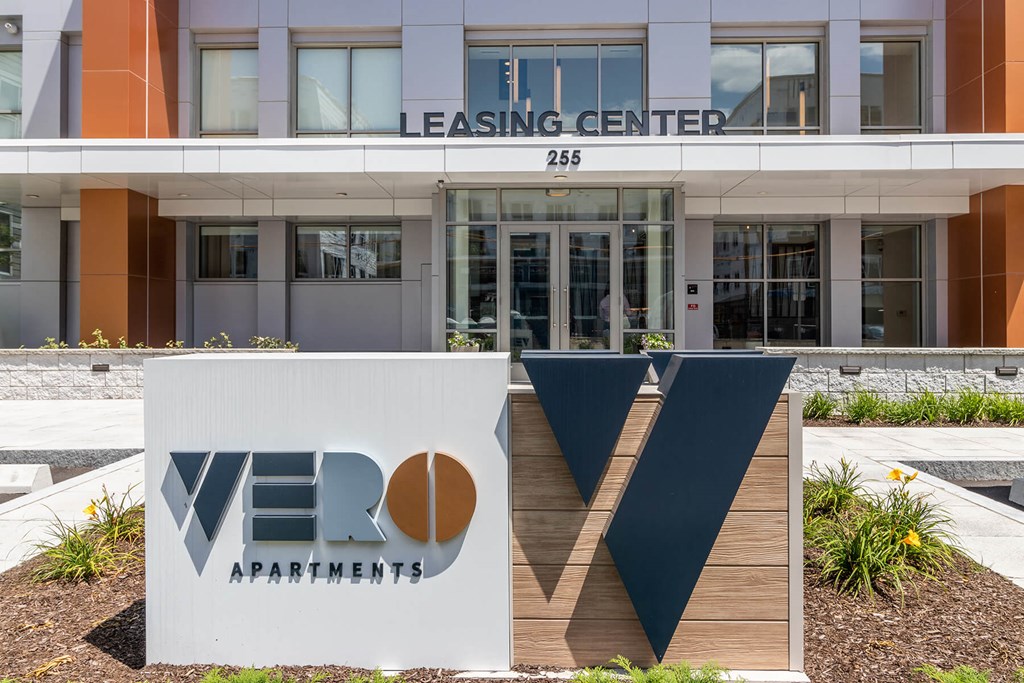Entrance monument sign at VERO Apartments in Chelsea MA