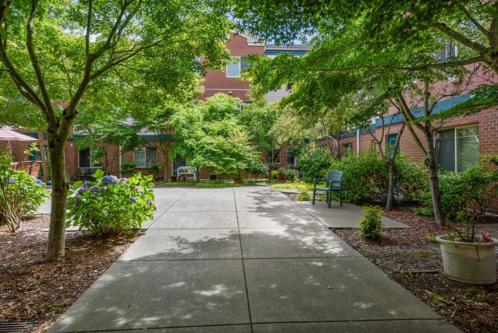 Exterior walkway at Woodrose Apartments in Bellingham WA