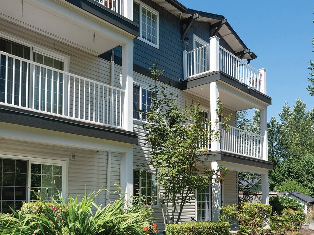 Building exterior at Woodlands at Forbes Lake in Kirkland WA