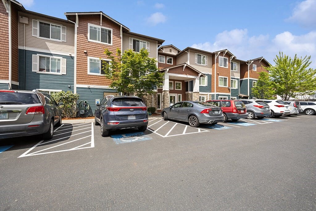 Exterior Apartments and Parking at Ballinger Court Senior Apartments in Edmonds, WA
