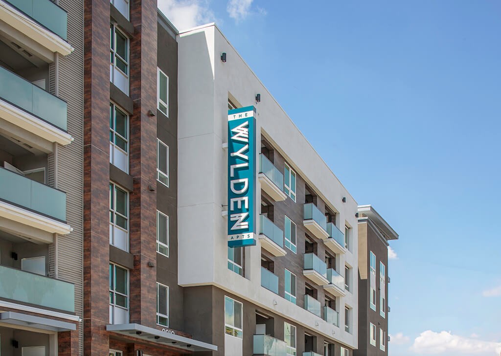 Exterior Blade Sign at The Wylden Apartments in Los Angeles CA