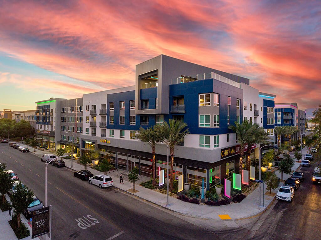 Exterior Building Corner Sunset at Chroma Apartments in Canoga Park CA