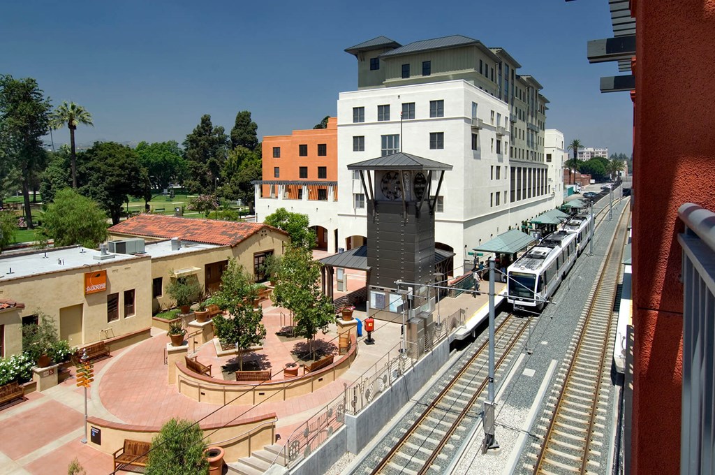 Exterior Building Gold Line Stop at Haven at Del Mar Station Apartments in Pasadena CA