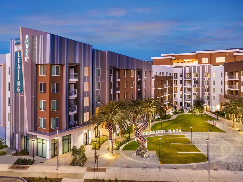 Exterior Building at Dusk at Embark Apartments in Fremont CA