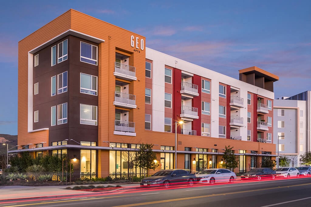 Exterior Building at Dusk at GEO Apartment in Fremont CA