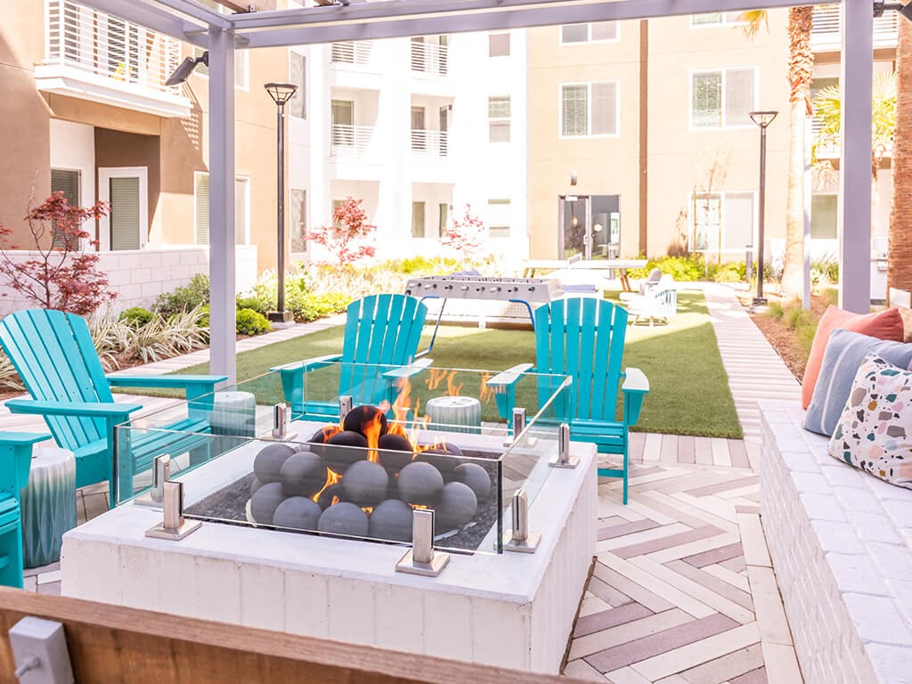 Exterior Courtyard Backyard Fire Feature at Embark Apartments in Fremont CA