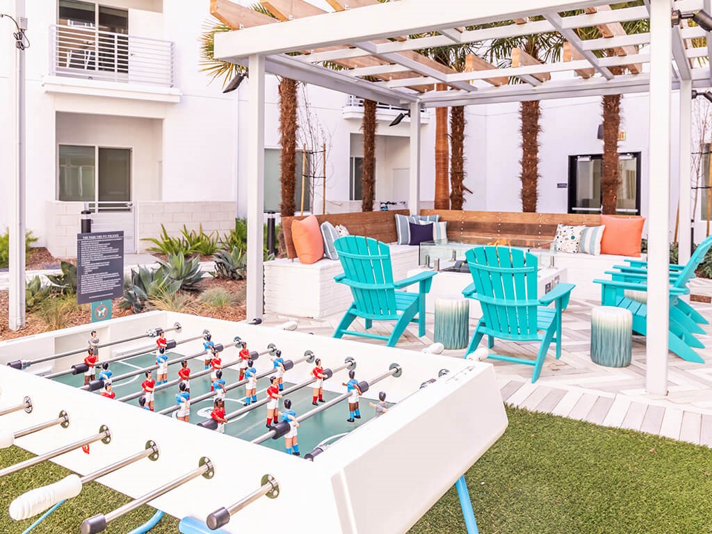 Exterior Courtyard Backyard Foosball Table at Embark Apartments in Fremont CA