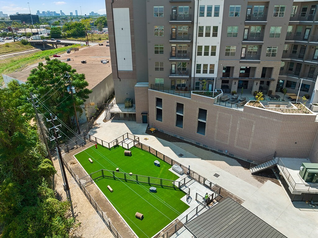 Aerial view of dog park at East Bend Apartments in Houston TX