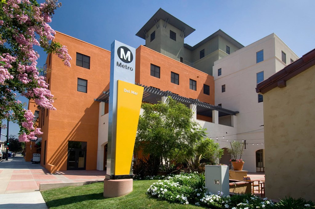 Exterior Gold Line Metro Sign at Haven at Del Mar Station Apartments in Pasadena CA