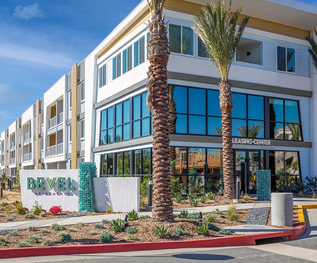 Exterior Leasing Center and Monument Sign at Bevel Apartments in San Diego CA