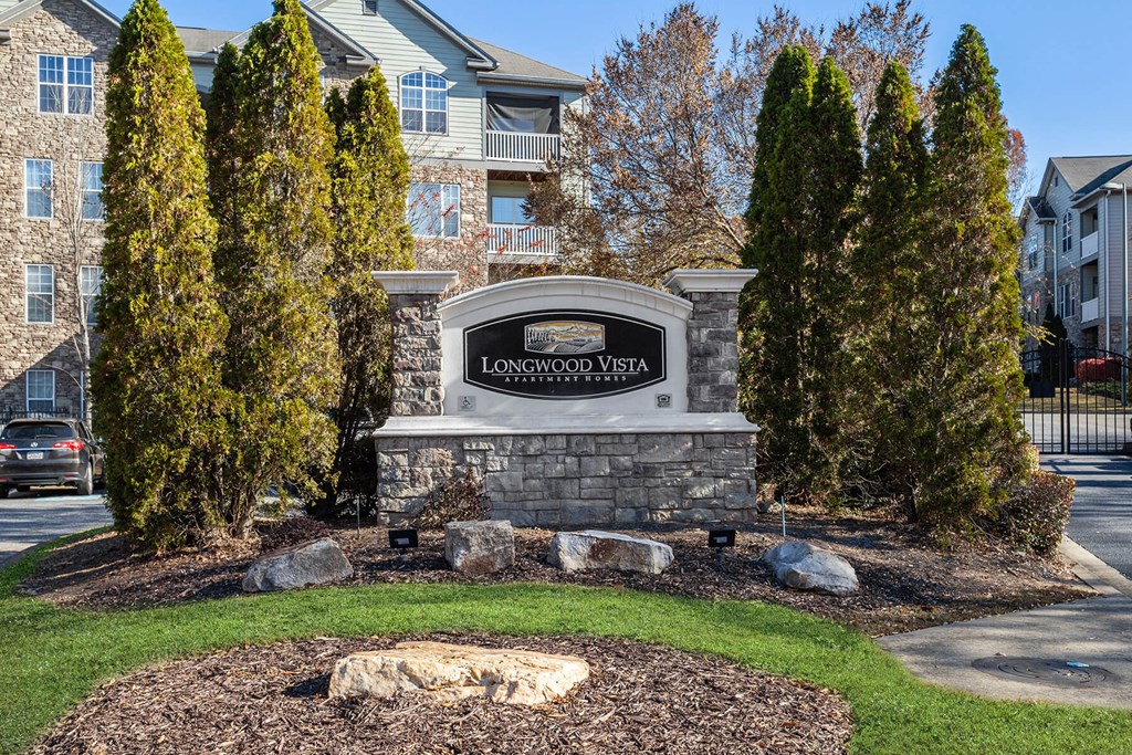 Exterior monument sign at Longwood Vista Apartments in Atlanta GA