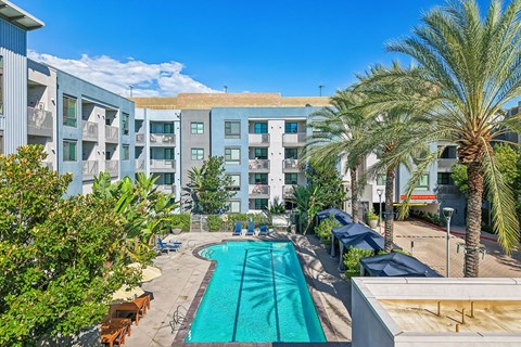 A swimming pool in front of a building surrounded by palm trees.