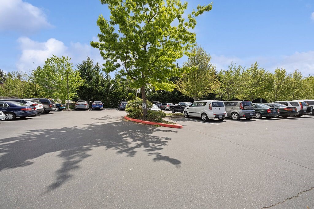 Exterior Parking Lot at Ballinger Court Senior Apartments in Edmonds, WA.