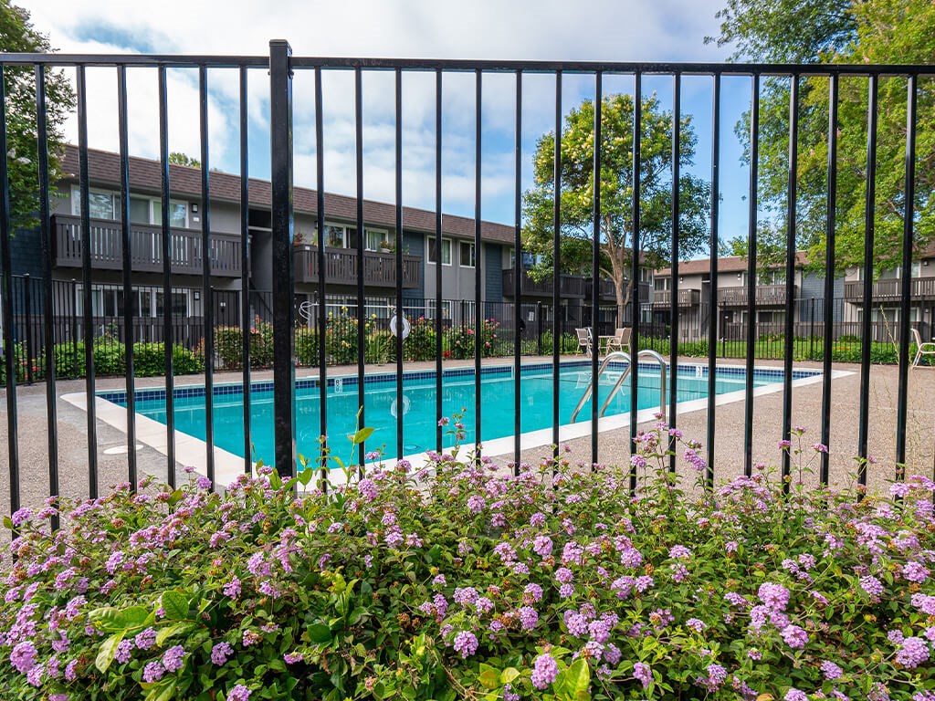 Exterior Pool and Flowers at Wyndover Apartment Homes in Novato CA