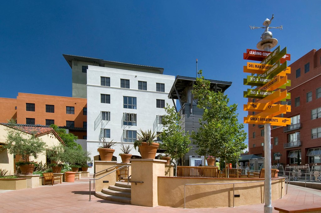 Exterior Santa Fe Deport Sign at Haven at Del Mar Station Apartments in Pasadena CA