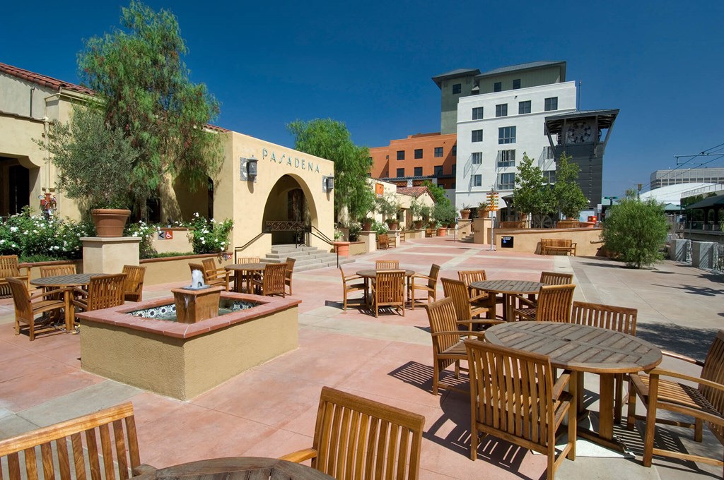 Exterior Santa Fe Depot Courtyard Seating at Haven at Del Mar Station Apartments in Pasadena CA