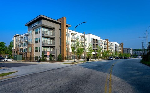 Exterior at dusk at Verge Apartments in Atlanta, GA