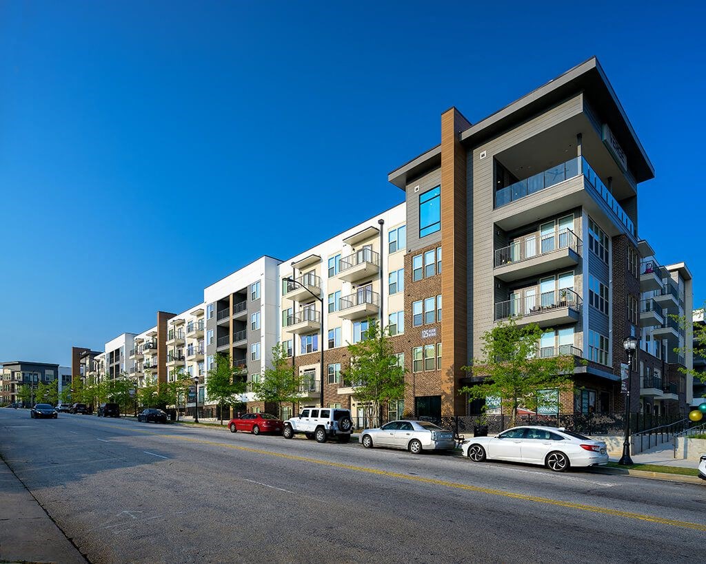 Exterior shot of building at Verge Apartments in Atlanta, GA