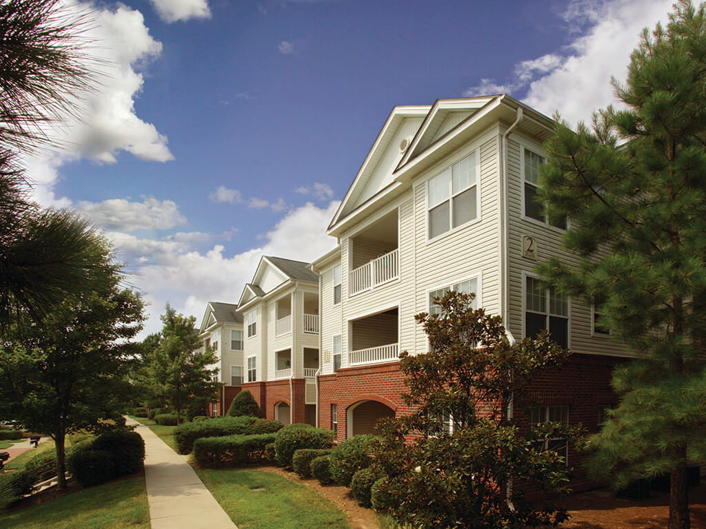 Exterior walkway at Falls Pointe Apartments in Durham NC
