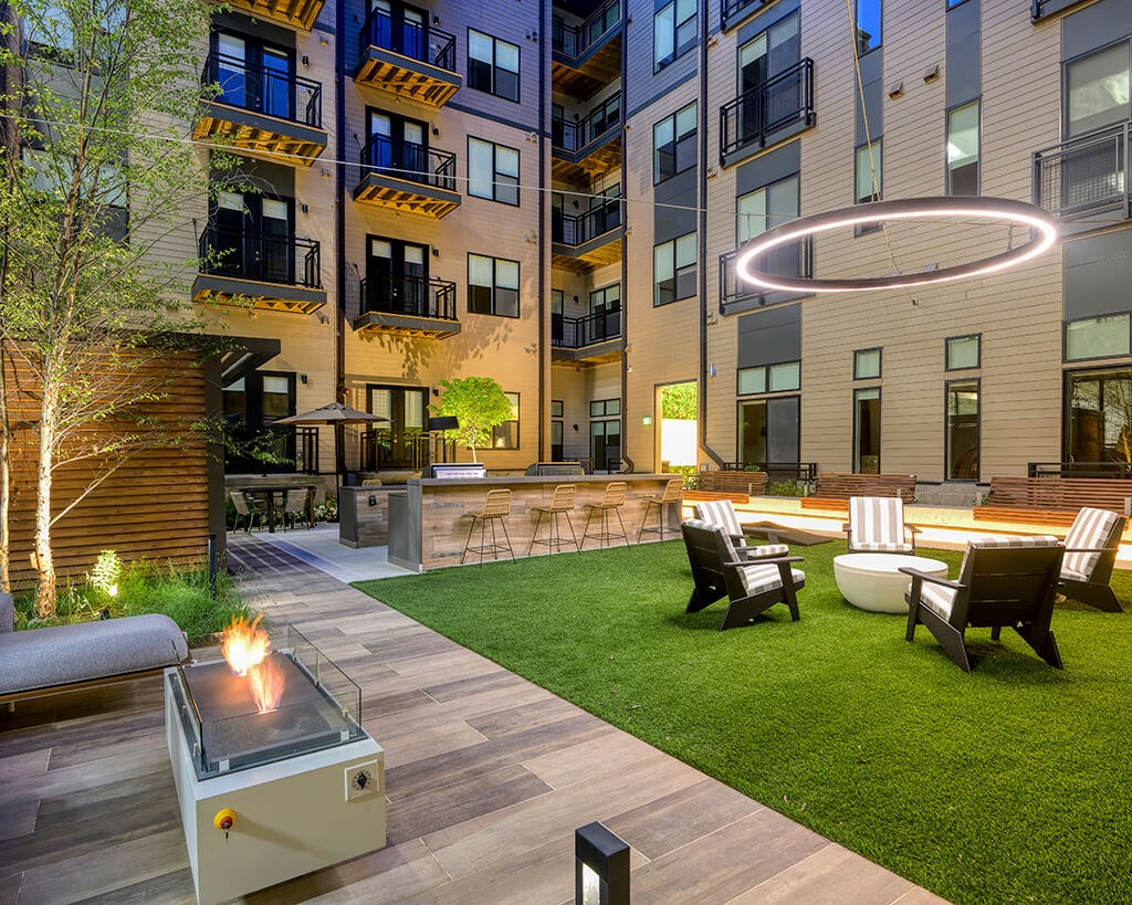 Fire pit and lounge seating at 333 Ellington Apartments in Gaithersburg MD