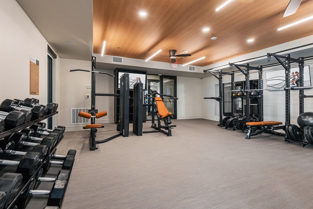 Fitness center weight room at Opal Legacy Central in Plano TX