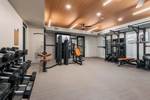Fitness center weight room at Opal Legacy Central in Plano TX
