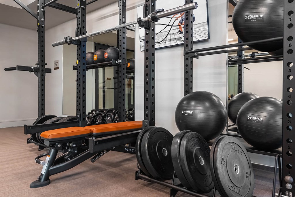 Dumbells in fitness center at Opal Legacy Central in Plano TX