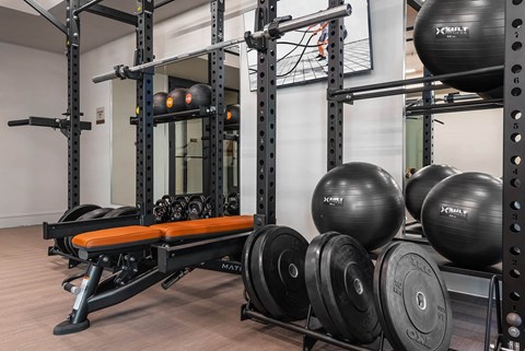 Dumbells in fitness center at Opal Legacy Central in Plano TX