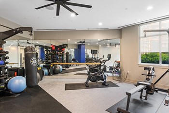 Fitness center weights area at Bradley Braddock Road Station Apartments in Alexandria VA - Photo Gallery 13