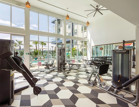 A gym with a checkered floor and a view of the outside.