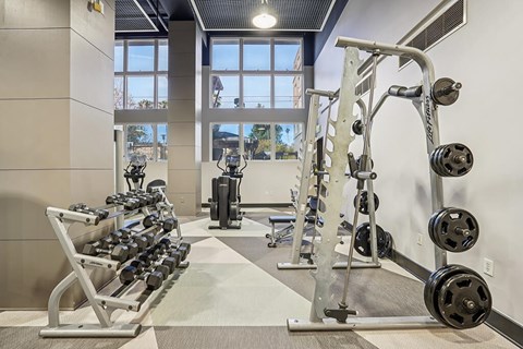 Fitness Center Free Weights at Haven at Del Mar Station Apartments in Pasadena CA