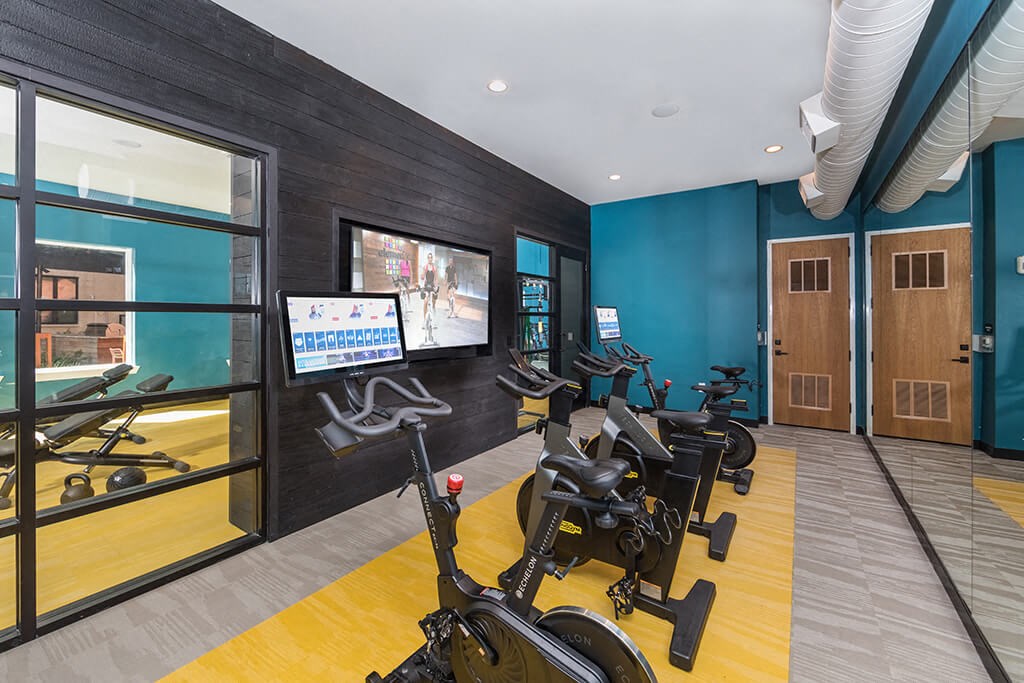 a gym with exercise bikes and a tv