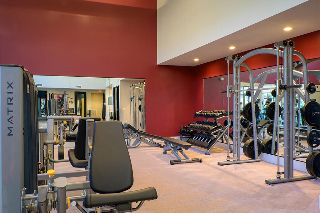 a gym with weights and cardio equipment on the floor and a red wall
