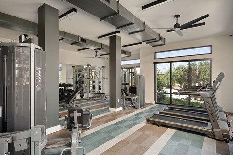 A gym with treadmills, weights, and exercise equipment.